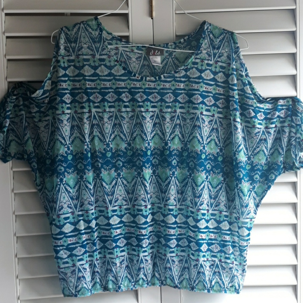 Dots sheer blue and green cold-shoulder blouse